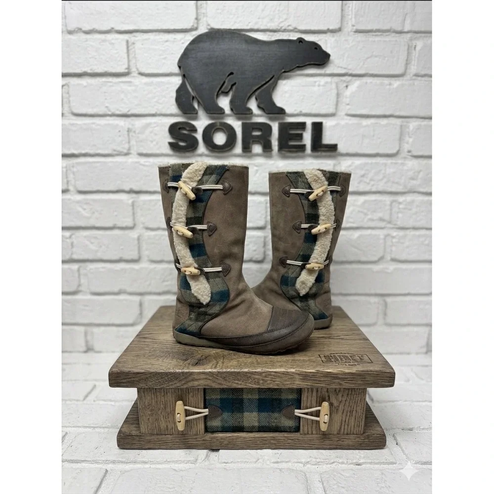 Sorel 🤎Tall‎ Winter Boots Plaid Canvas Suede Toggle Sherpa Lined Boho Western 8